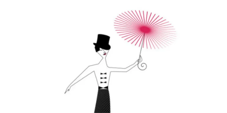 Graphic depiction of a female high-wire walker with a pink umbrella expressing her joy