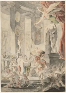 Charles-François Hutin
(Franzose, 1715-1776)
Frankreich, 18. Jahrhundert
Grau laviert, Aquarell, Graphit, schwarze Kreide und rote Kreide auf cremefarbenem Bütten
Unterlage: Cremefarbenes(1) Bütten auf gebläutem weißen Bütten