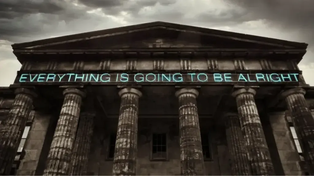  die Magie der Worte auf der Frontseite Museum of Modern Art in Edinburgh mit Leuchtschrift "Everything is going to be alright" 