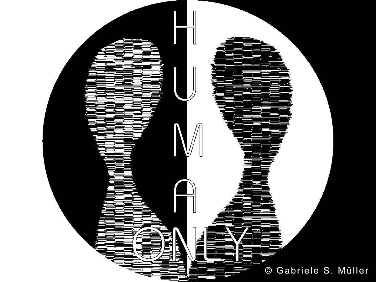 Beitragsbild zu "Einfach Mensch" - zwei abstrakt dargestellte Figuren spiegeln sich auf einem schwarz-weißen Hintergrund reziprok -Aufschrift in Englisch "only human"
