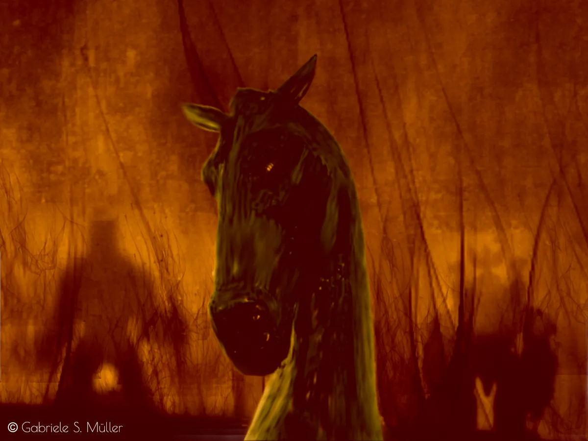 Beitragsbild - eine Höllenartige Szenerie mit unheimlichen Gestalten und einem schwarzen Pferdekopf im Vordergrund, der finster dreinschaut