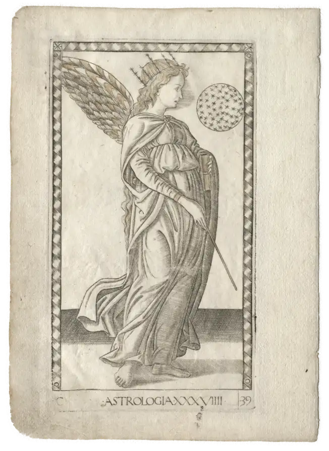 Darstelung der "Astrologie" auf einer Tarotkarte aus den Tarocchi, Serie C: Freie Künste, Nr. 29 -
vor 1467